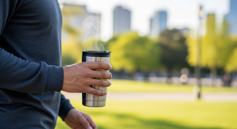 A person holding a small 8 oz travel mug while strolling through a park, highlighting its perfect fit for on-the-go activities.