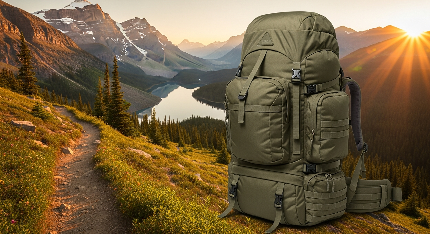 An 80 litre travel backpack, made of olive green rugged fabric, stands upright on a rocky mountain path. The sun is rising, casting a warm glow over a distant mountain range and a clear sky. The backpack has visible straps, buckles, and external pockets, suggesting readiness for an outdoor adventure. An 80 litre travel backpack, made of olive green rugged fabric, stands upright on a rocky mountain path. The sun is rising, casting a warm glow over a distant mountain range and a clear sky. The backpack has visible straps, buckles, and external pockets, suggesting readiness for an outdoor adventure.