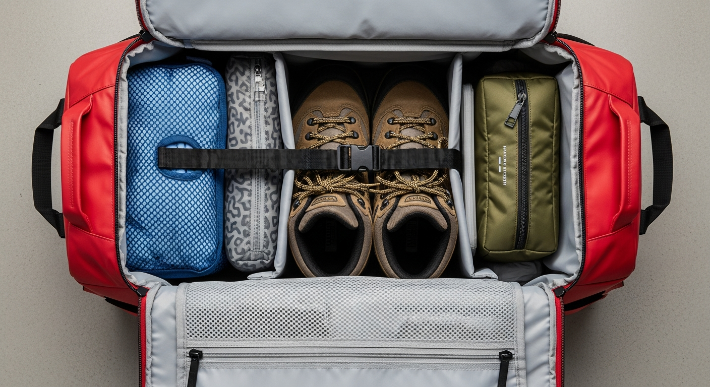 A spacious 80 litre travel duffle bag in a dark blue color is partially unzipped, revealing its interior. Inside, various items are neatly arranged using light grey packing cubes. A pair of brown hiking boots is placed in a dedicated compartment, and a small toiletry bag is visible, demonstrating efficient and organized packing for a trip. A spacious 80 litre travel duffle bag in a dark blue color is partially unzipped, revealing its interior. Inside, various items are neatly arranged using light grey packing cubes. A pair of brown hiking boots is placed in a dedicated compartment, and a small toiletry bag is visible, demonstrating efficient and organized packing for a trip.