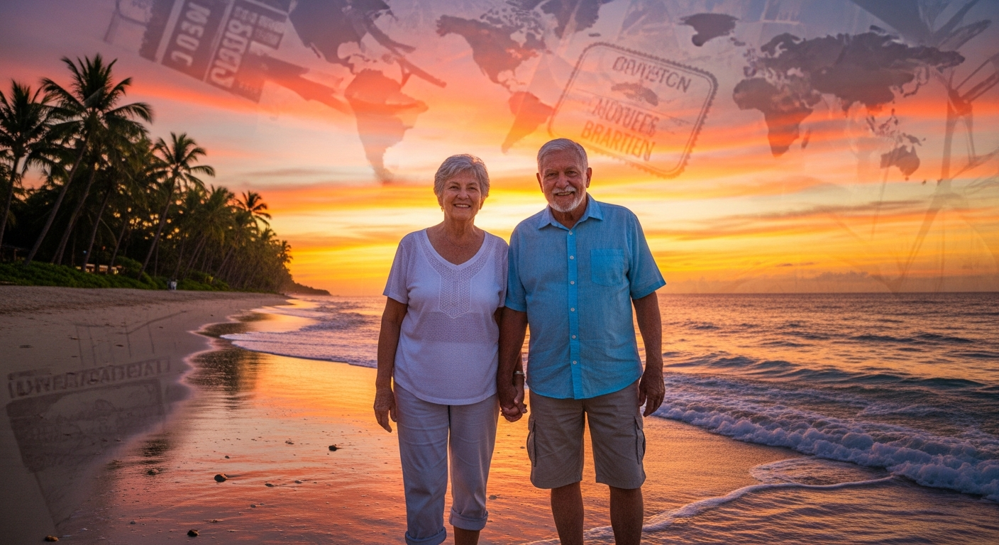 Elderly couple over 80 enjoying a beach vacation, symbolizing worry-free travel with insurance. Elderly couple over 80 enjoying a beach vacation, symbolizing worry-free travel with insurance.
