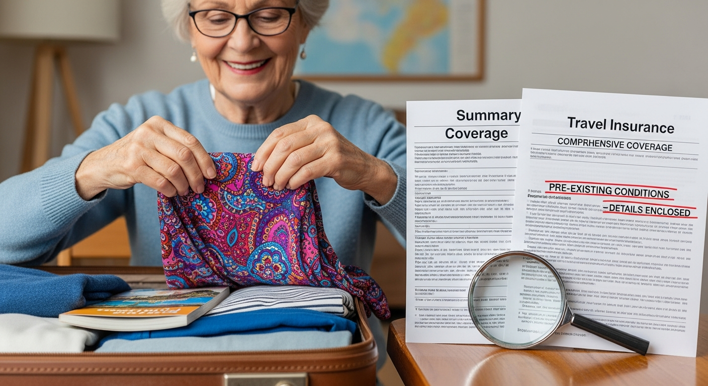 Senior traveler packing a suitcase with travel insurance documents, representing careful preparation and policy review. Senior traveler packing a suitcase with travel insurance documents, representing careful preparation and policy review.