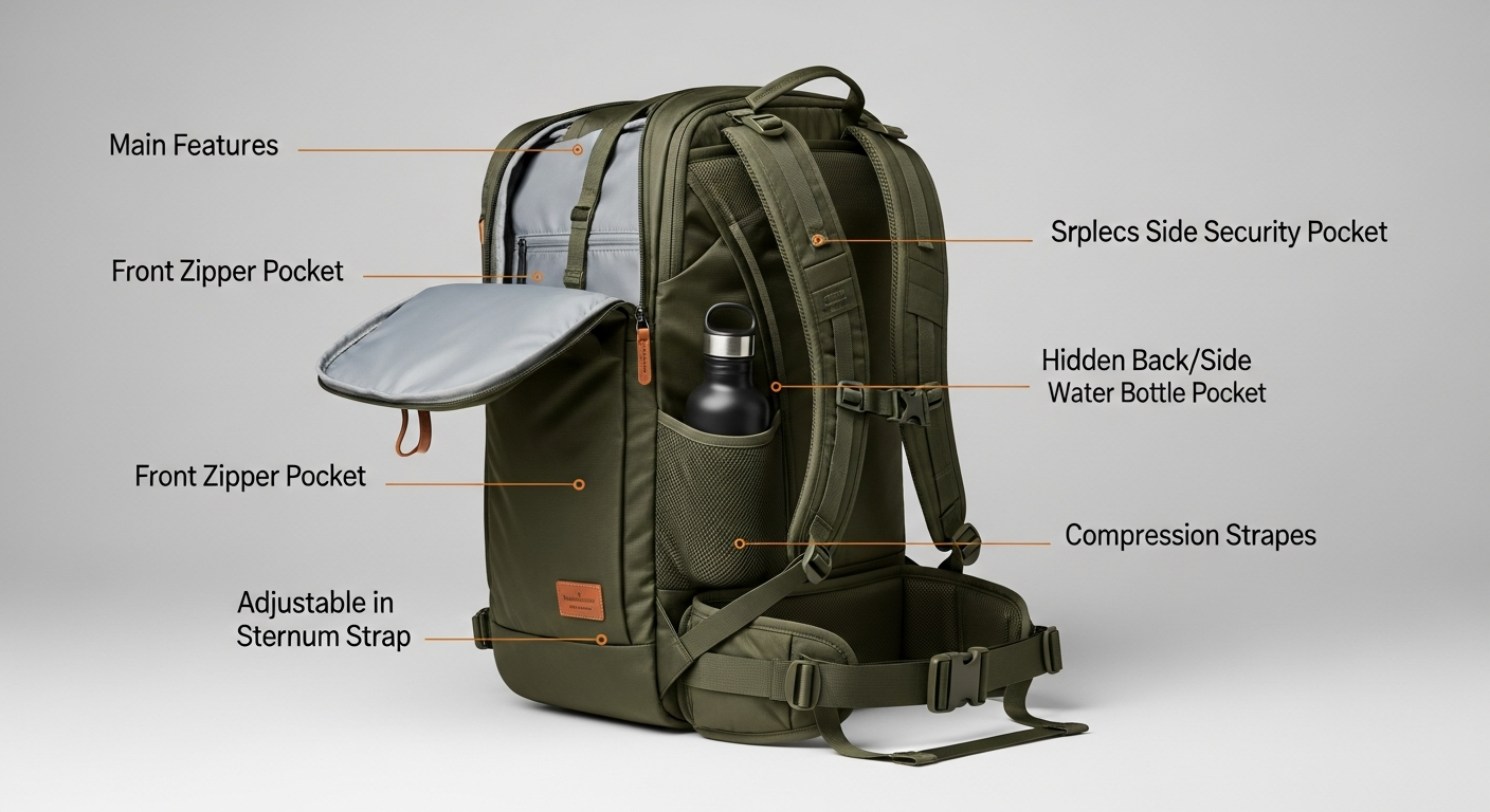 A detailed view of a large 80L travel backpack, highlighting its ergonomic design, robust zippers, and multiple access points for efficient packing on long journeys.