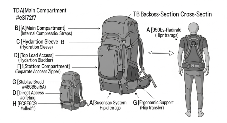 An infographic-style illustration of an 80L travel backpack's internal organization, showing how to effectively pack different gear types into various compartments for balanced weight distribution.