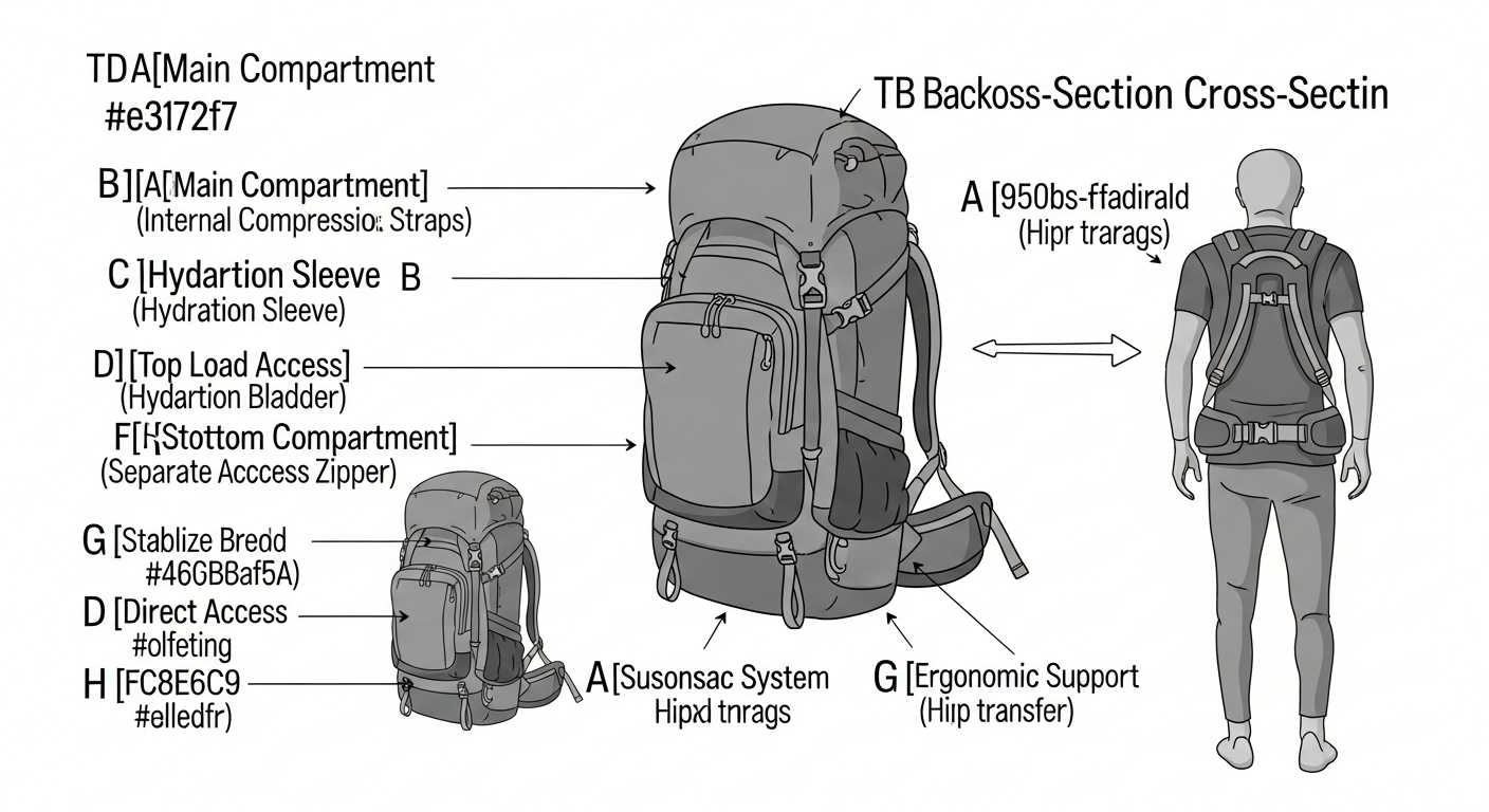 An infographic-style illustration of an 80L travel backpack's internal organization, showing how to effectively pack different gear types into various compartments for balanced weight distribution.