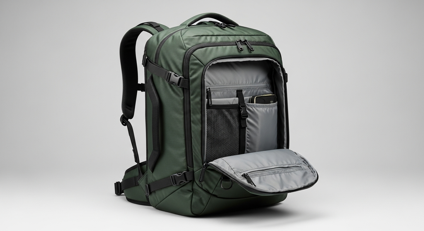 A modern 80 liter travel bag in forest green, with black accents, showcasing its robust design and multiple storage options for organized packing.