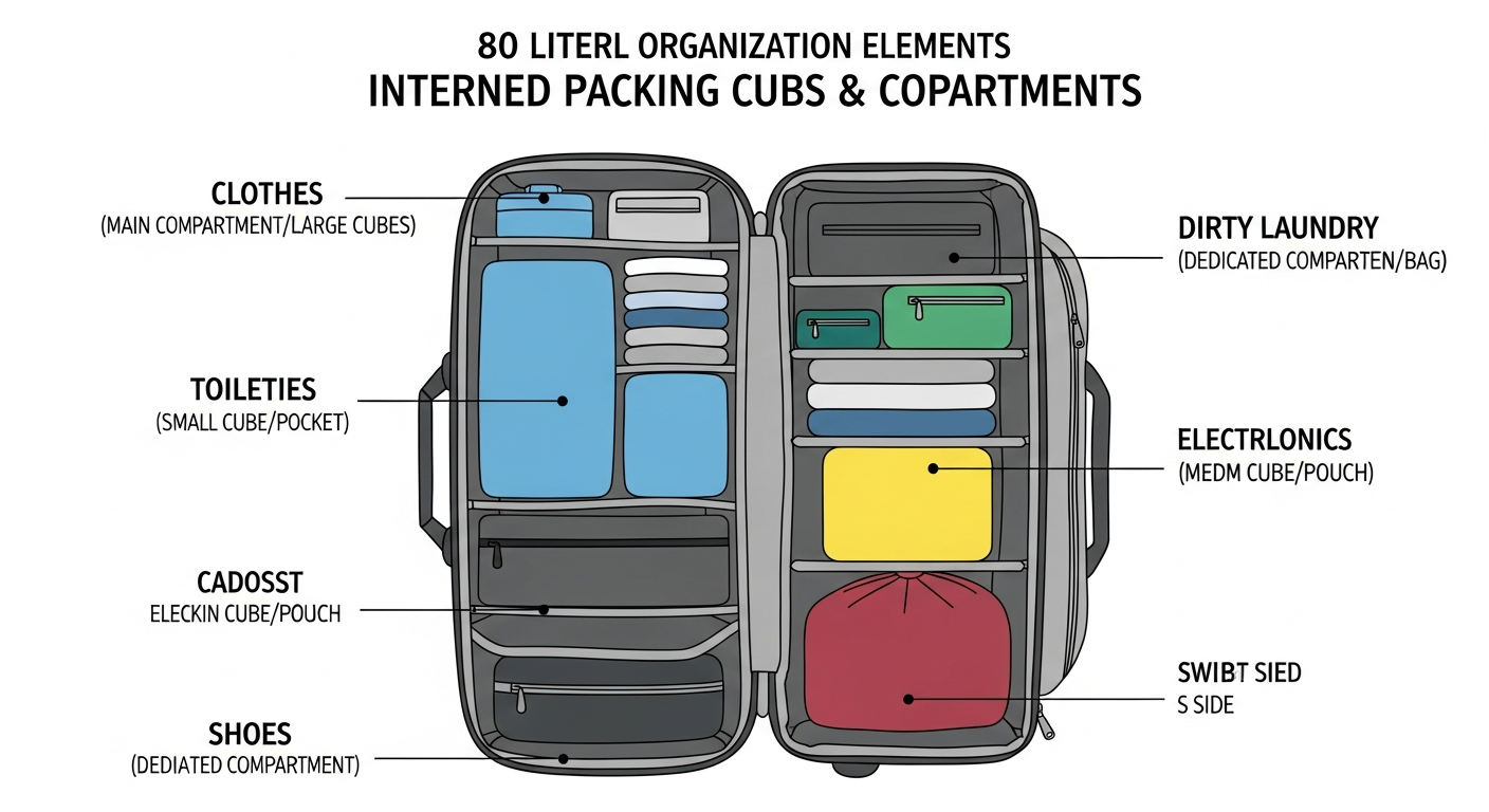 An infographic showing the internal layout of an 80 liter travel bag, with color coded sections for clothes, shoes, and other travel essentials using packing cubes.