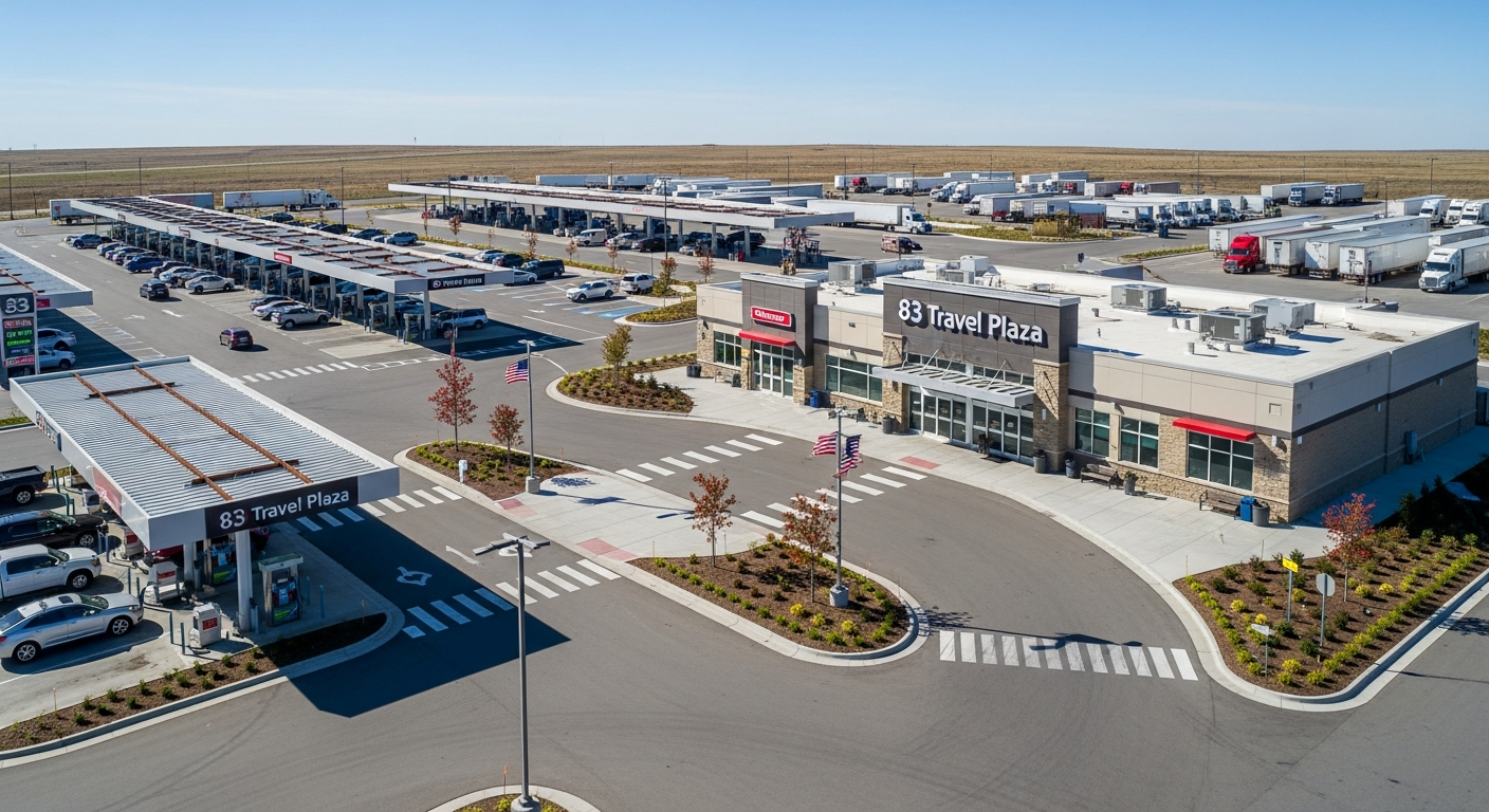 Aerial view of 83 Travel Plaza showcasing fuel stations, extensive parking, and a prominent main building, indicating a comprehensive roadside stop. Aerial view of 83 Travel Plaza showcasing fuel stations, extensive parking, and a prominent main building, indicating a comprehensive roadside stop.
