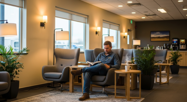 A professional truck driver relaxing in a comfortable lounge area at 83 Travel Plaza, enjoying a well-deserved break from the road.