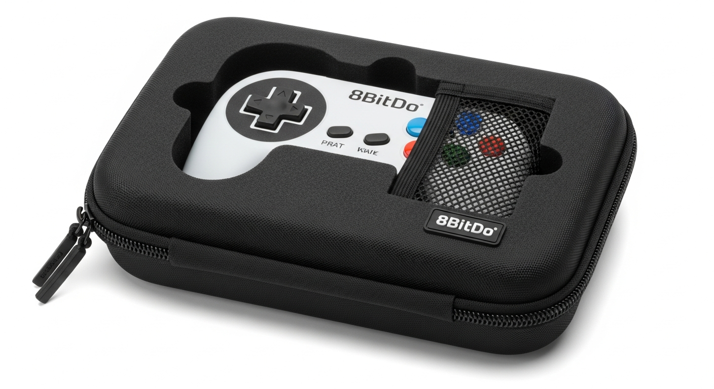 A closed, black EVA hard shell travel case designed for 8BitDo classic controllers, featuring a durable exterior and a subtle brand logo, ready for travel. A closed, black EVA hard shell travel case designed for 8BitDo classic controllers, featuring a durable exterior and a subtle brand logo, ready for travel.