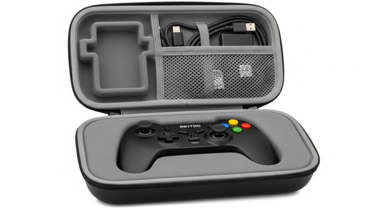 An open 8BitDo controller travel case showing an 8BitDo SN30 Pro+ controller securely fitted in its compartment, with a charging cable and dongle in the mesh pocket.