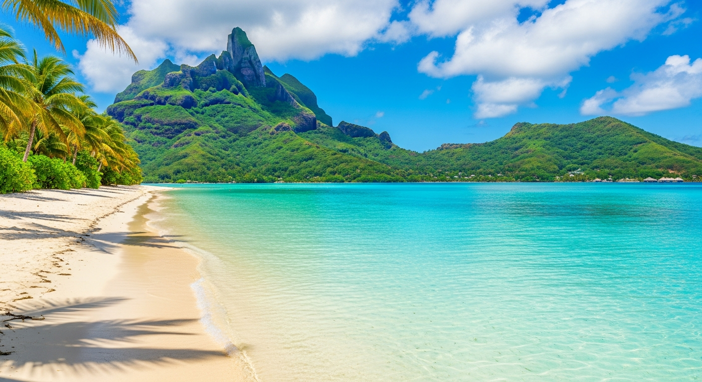 Bora Bora beach in 8K detail with turquoise water and mountains Bora Bora beach in 8K detail with turquoise water and mountains