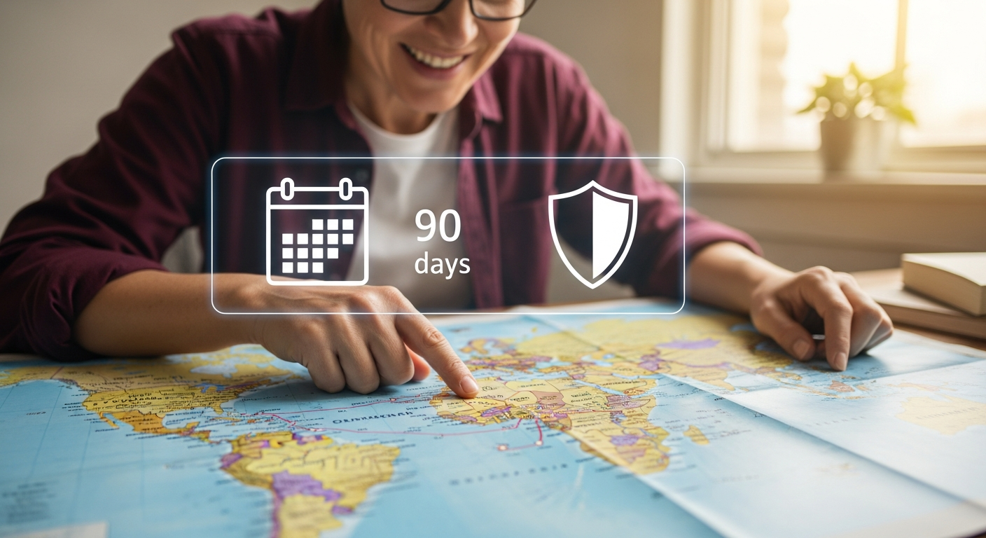Traveler planning an extended 90-day trip with a world map and a digital shield representing travel insurance.