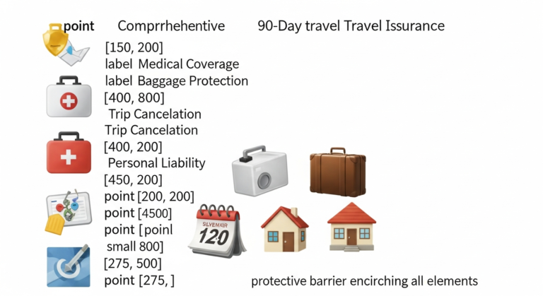 Infographic showing key elements of 90-day travel insurance: medical, baggage, trip cancellation, and personal liability protection.