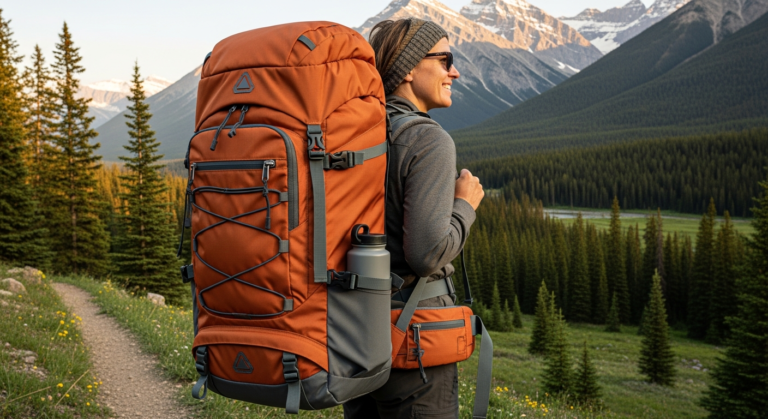 A large 90L travel backpack, designed for adventure, stands ready in a scenic mountain landscape, highlighting its spaciousness and robust construction.