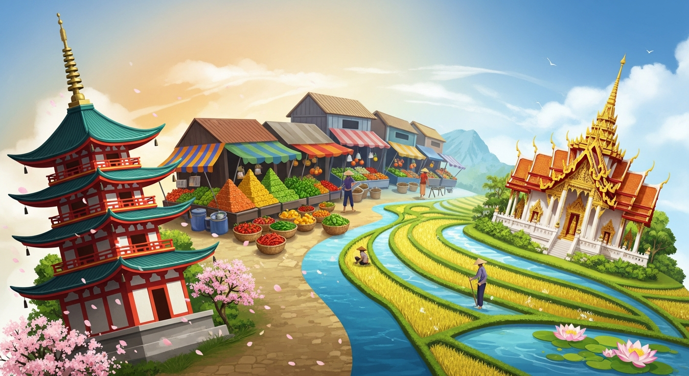 A vibrant illustration showcasing iconic Asian landmarks like a pagoda, temple, and market, representing diverse travel destinations and cultural experiences offered by 926 Asia Travel Corporation. A vibrant illustration showcasing iconic Asian landmarks like a pagoda, temple, and market, representing diverse travel destinations and cultural experiences offered by 926 Asia Travel Corporation.