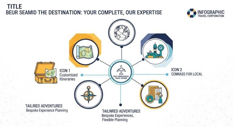 An infographic depicting the comprehensive services of 926 Asia Travel Corporation, with icons for custom itineraries, local expertise, support, quality, and authentic experiences.
