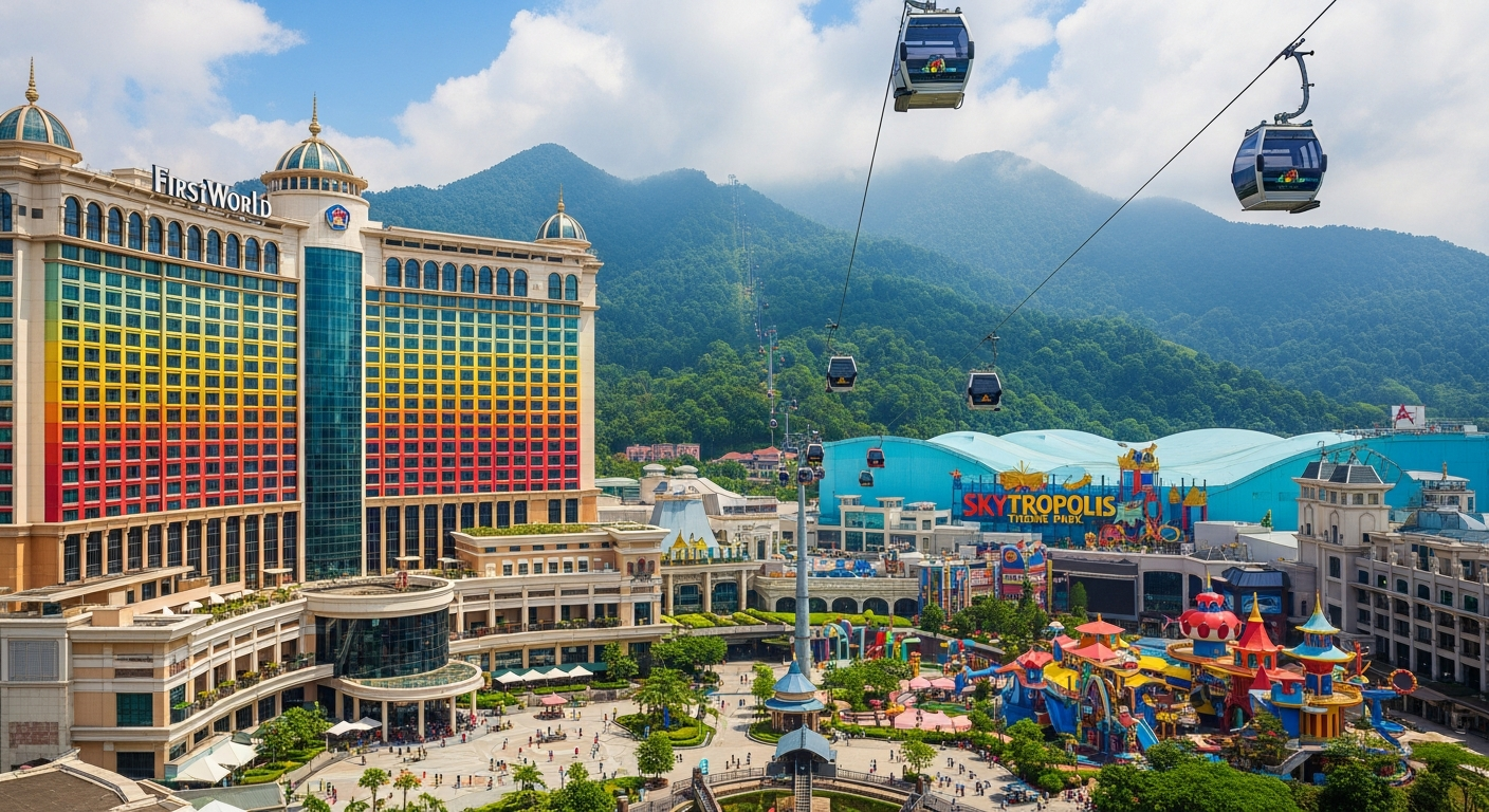 Panoramic view of Genting Highlands with colorful theme park buildings and cable cars against a misty mountain backdrop.
