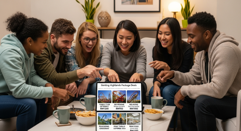 Group of happy travelers comparing Genting Highlands package deals on a tablet, planning their budget friendly trip.