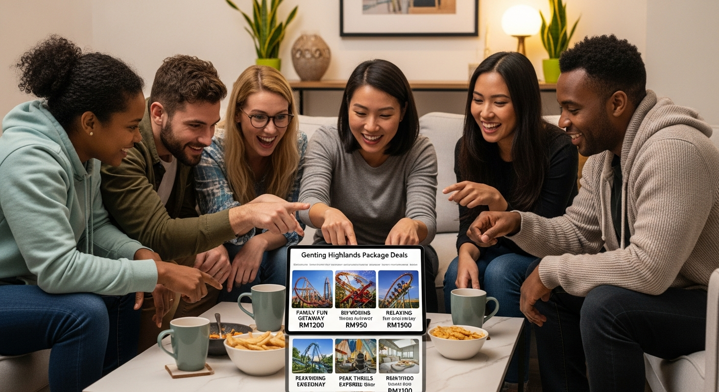 Group of happy travelers comparing Genting Highlands package deals on a tablet, planning their budget friendly trip.
