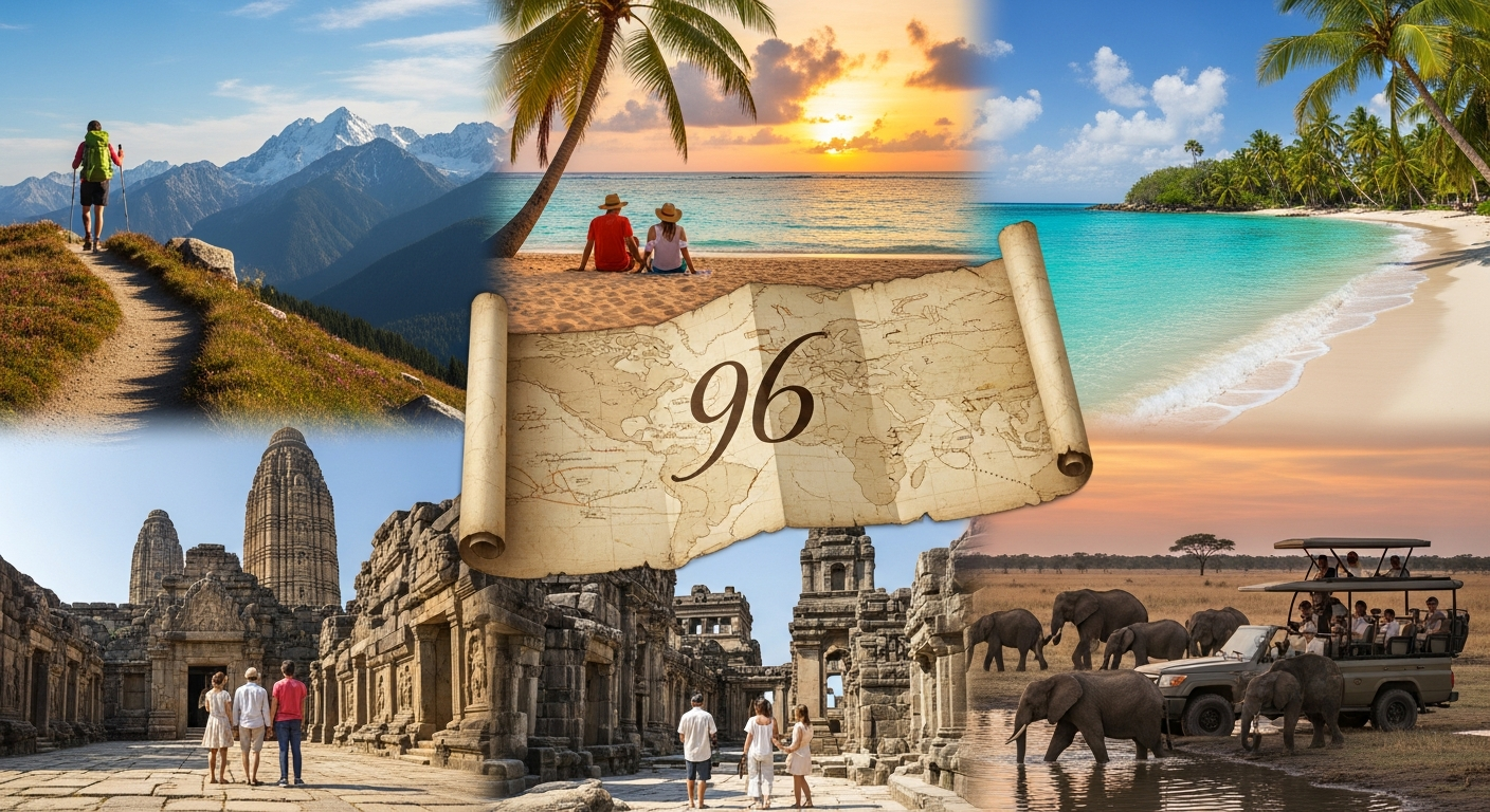 A diverse array of travel experiences including hiking, beach relaxation, city exploration, and wildlife safari, symbolizing the wide selection of 96 travel tour packages available. A diverse array of travel experiences including hiking, beach relaxation, city exploration, and wildlife safari, symbolizing the wide selection of 96 travel tour packages available.