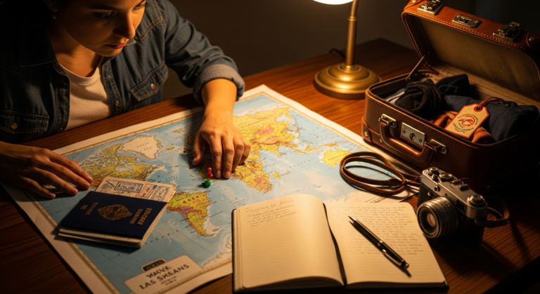 A traveler planning their next adventure, looking at a world map with a passport and travel essentials nearby, representing the excitement of preparing for a tour package.