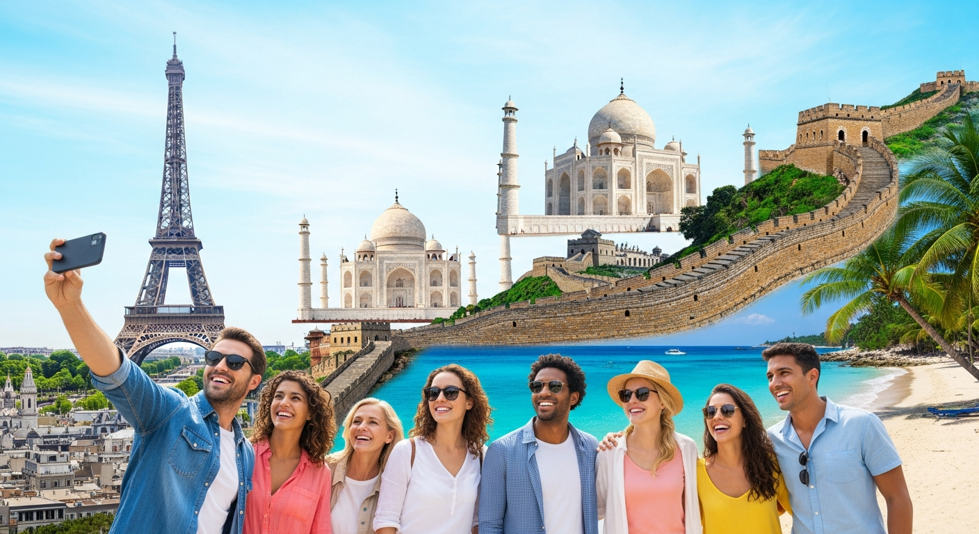 A vibrant collage showcasing popular global travel destinations and happy tourists, symbolizing the extensive offerings of 96 Travel & Tours Pte Ltd.