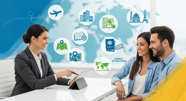 An illustration of a travel agent assisting a couple with their travel plans, surrounded by travel-related icons, representing the comprehensive and personalized services of 96 Travel & Tours.