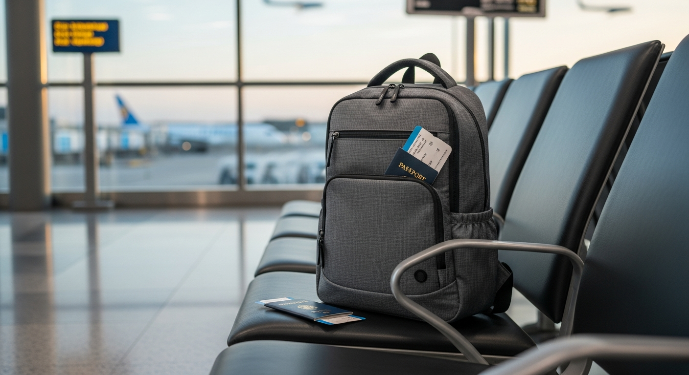 A compact 9x10x17 travel backpack ready for boarding at an airport gate, showcasing its suitability as a personal item.