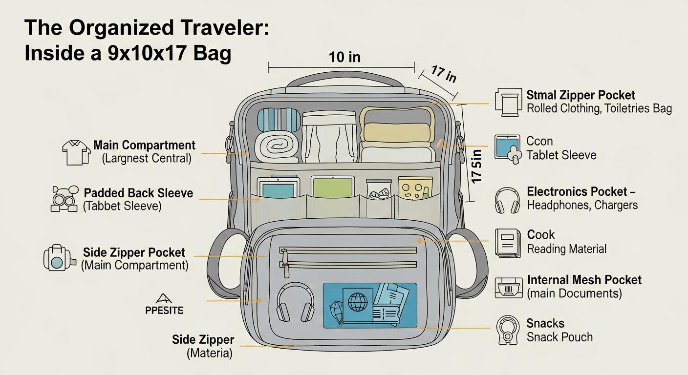 Infographic showing the organized interior of a 9x10x17 personal item bag with pockets for electronics, documents, and essentials.