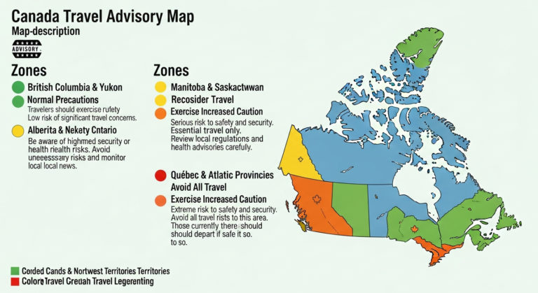 Infographic illustrating Canada's travel advisory levels with color-coded regions and safety icons.
