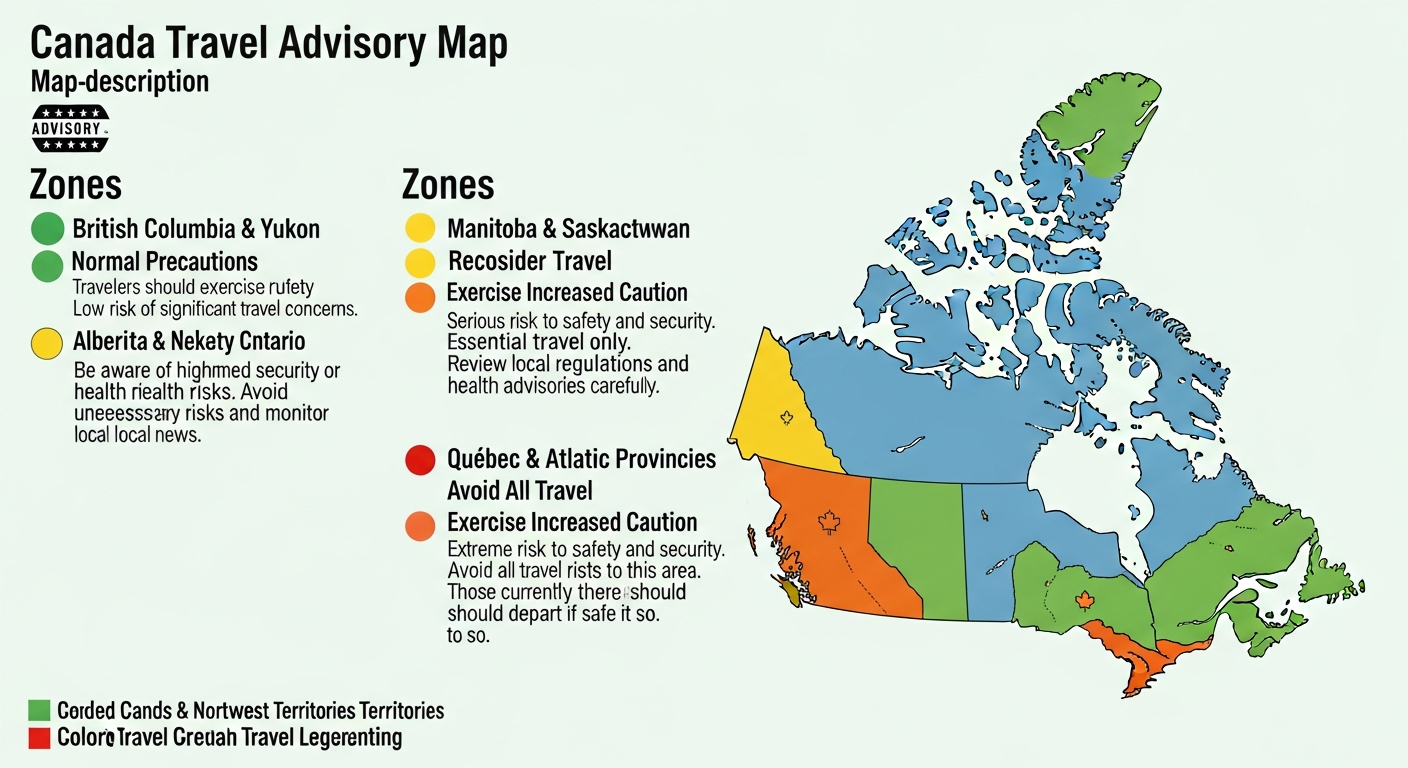 Infographic illustrating Canada's travel advisory levels with color-coded regions and safety icons. Infographic illustrating Canada's travel advisory levels with color-coded regions and safety icons.