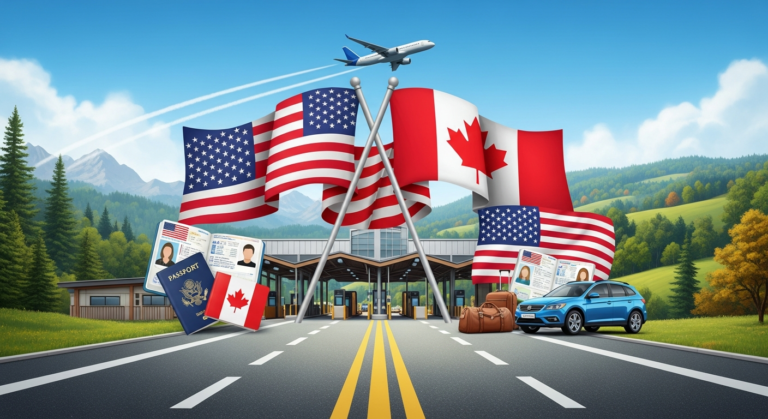 US and Canadian flags symbolizing cross-border travel with passport and transportation icons.