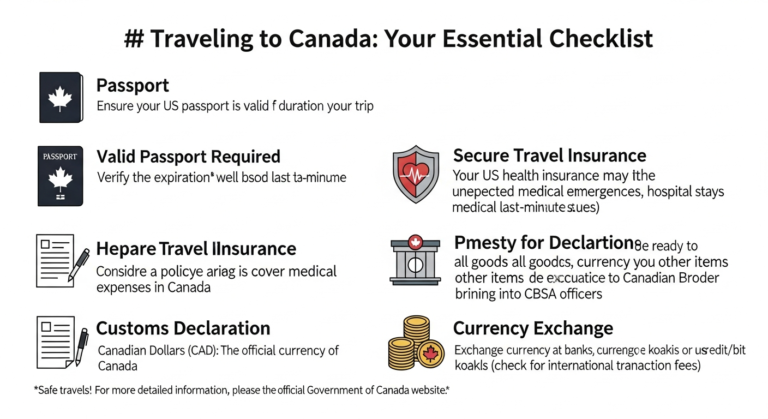 Infographic checklist for US citizens preparing to travel to Canada, highlighting essential documents and steps.