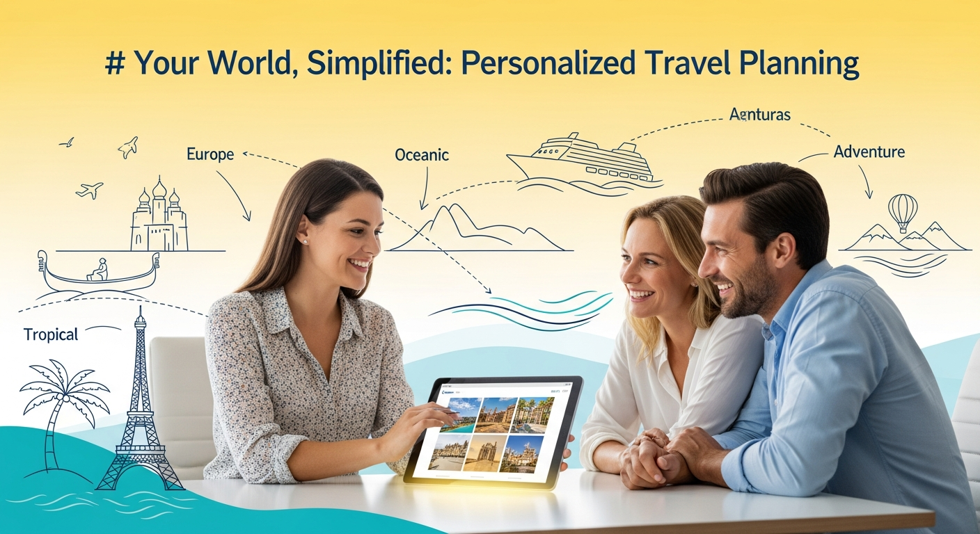 A friendly Cassidy Travel agent assisting a couple with their travel plans using a tablet, symbolizing personalized service and expert guidance in booking dream holidays.