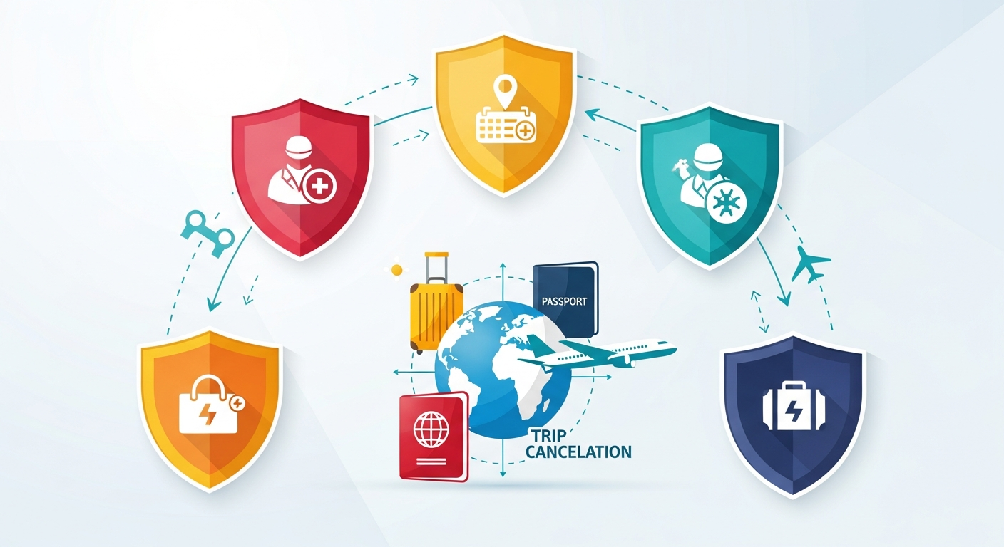 Infographic illustrating comprehensive travel insurance comparison and coverage types.