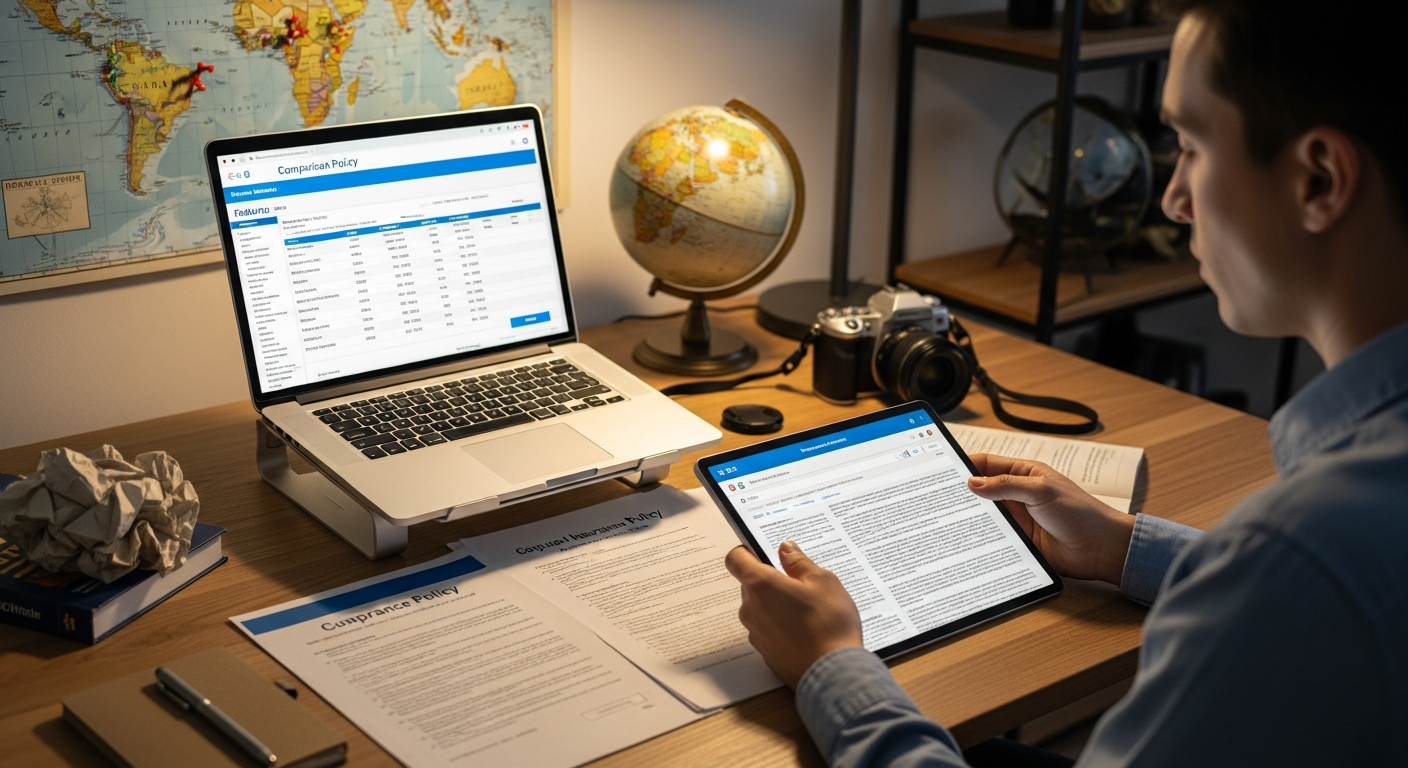 Traveler comparing travel insurance policies on a digital device.
