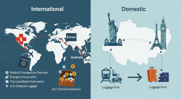 Infographic illustrating the distinct benefits of international versus domestic travel insurance coverage.