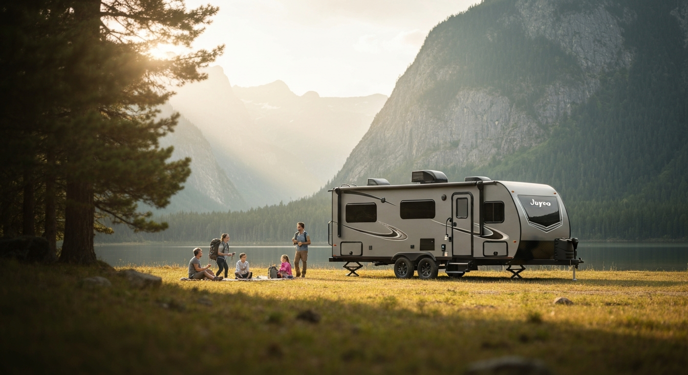 A modern Jayco travel trailer parked by a serene lake at sunset, with a family gathered around a campfire, showcasing the outdoor lifestyle. A modern Jayco travel trailer parked by a serene lake at sunset, with a family gathered around a campfire, showcasing the outdoor lifestyle.