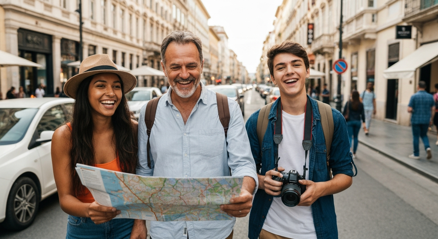 Diverse group of friends happily exploring a bustling European city street, smiling and taking photos, embodying joyful and knowledgeable travel.
