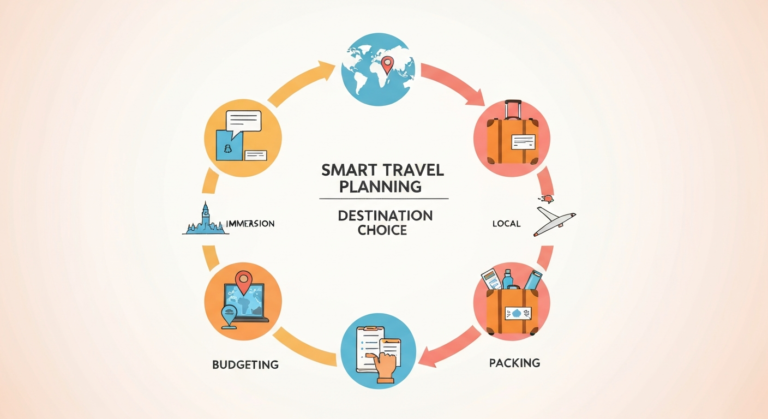Infographic illustrating key components of effective travel planning, including budget management, destination research, packing essentials, and cultural engagement.