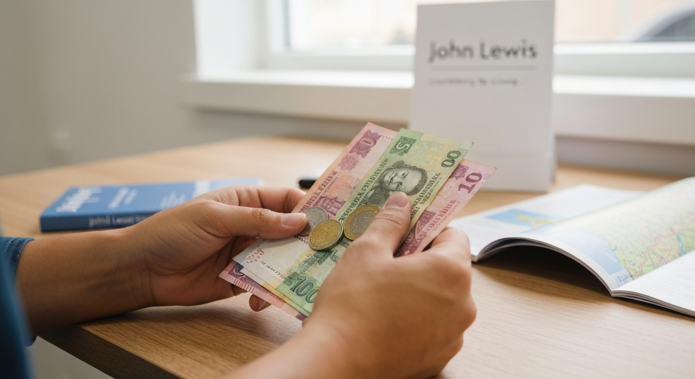 A close-up of hands holding various foreign banknotes and coins, representing global travel and currency exchange with a subtle John Lewis brand hint. A close-up of hands holding various foreign banknotes and coins, representing global travel and currency exchange with a subtle John Lewis brand hint.
