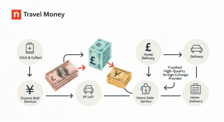 An infographic showing the process of exchanging British Pounds into Euros, US Dollars, and Yen, highlighting John Lewis's Click & Collect and home delivery options for travel money.