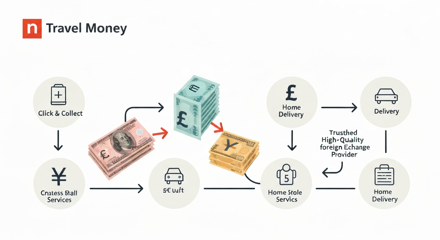 An infographic showing the process of exchanging British Pounds into Euros, US Dollars, and Yen, highlighting John Lewis's Click & Collect and home delivery options for travel money. An infographic showing the process of exchanging British Pounds into Euros, US Dollars, and Yen, highlighting John Lewis's Click & Collect and home delivery options for travel money.