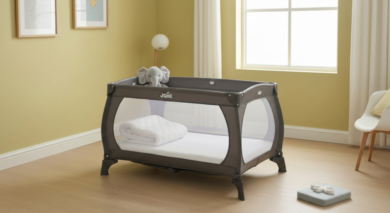 A Joie Kubbie Sleep travel cot, a versatile co-sleeper and playpen, set up in a modern child's room.