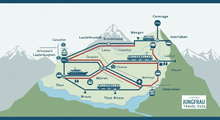 An infographic map showing interconnected train, cable car, and boat routes of the Jungfrau Travel Pass, covering key destinations like Grindelwald, Lauterbrunnen, and Interlaken.