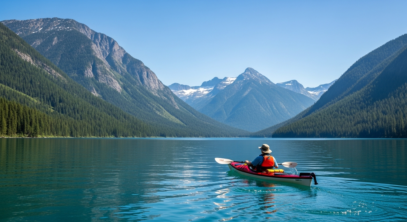 A solo kayaker enjoying a peaceful paddle on a tranquil mountain lake, reflecting the beauty of nature.