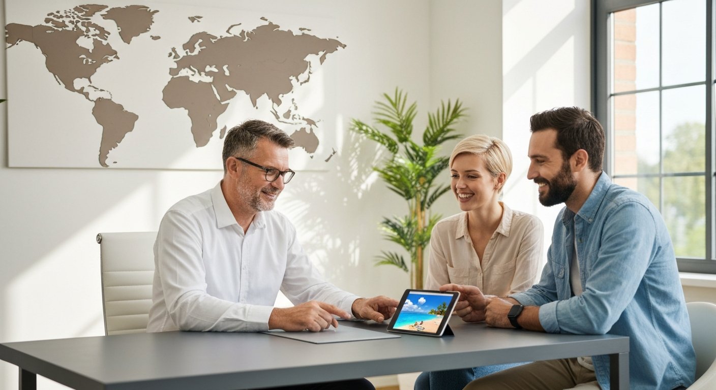 Expert travel consultant assists a couple in planning their dream luxury holiday with a world map backdrop. Expert travel consultant assists a couple in planning their dream luxury holiday with a world map backdrop.