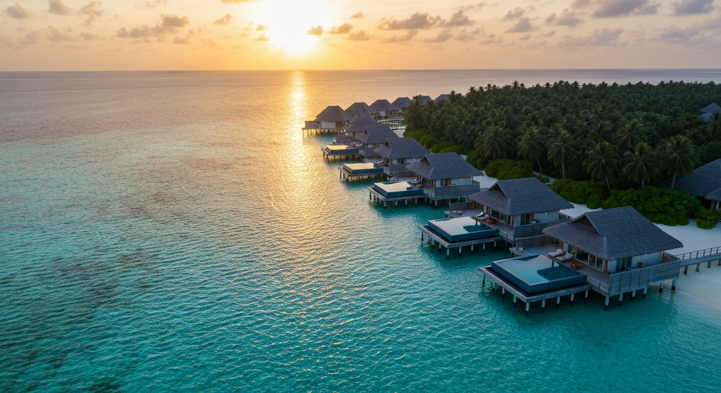 Breathtaking aerial view of a luxury overwater bungalow resort in the Maldives at sunset. Breathtaking aerial view of a luxury overwater bungalow resort in the Maldives at sunset.