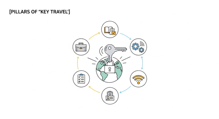 Infographic showing the six pillars of key travel: preparation, technology, security, flexibility, sustainability, and personalization, surrounding a key unlocking a travel globe.