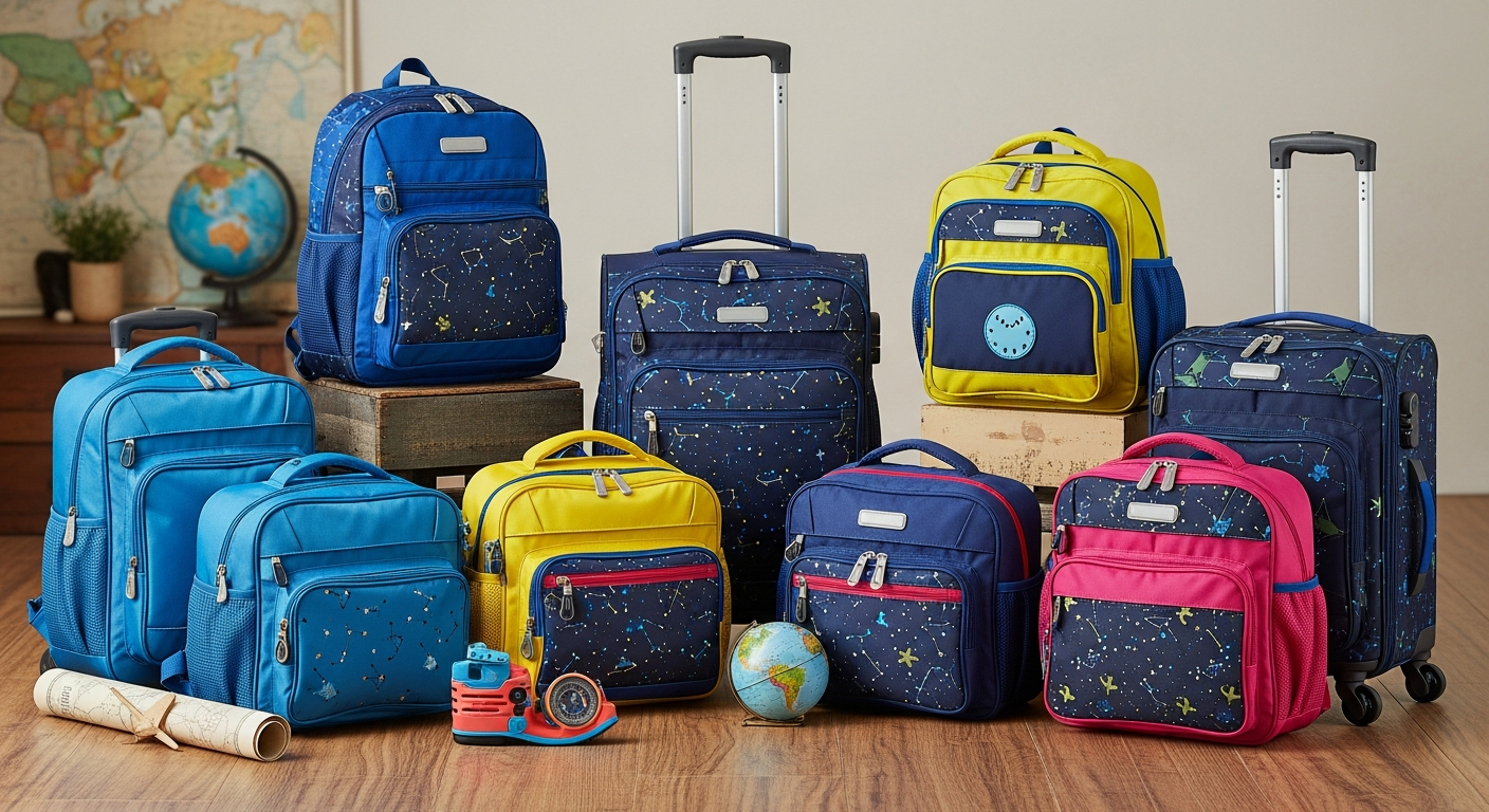 A colorful collection of kids travel bags, including backpacks and rolling suitcases, ready for adventure.